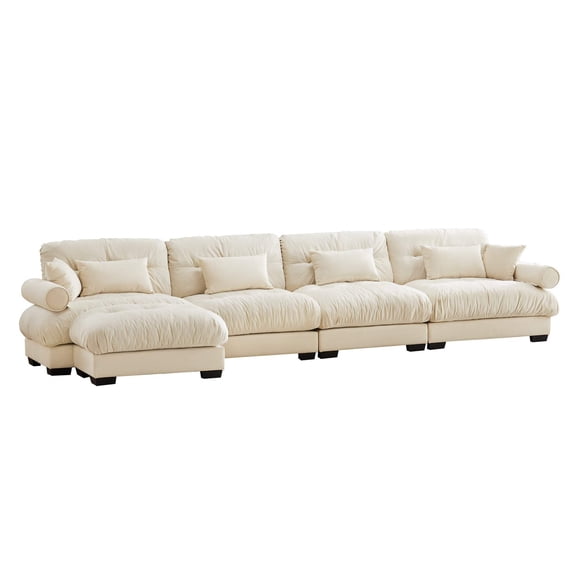 Modern Velvet L Shaped Sectional Cloud Sofa with Convertible Deep 4 Seater Design in Cream
