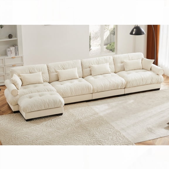 Modern Velvet L Shaped Sectional Couch, 4-Seater Convertible for Living Room, Cloud-Like Cushions & Comfort, Cream