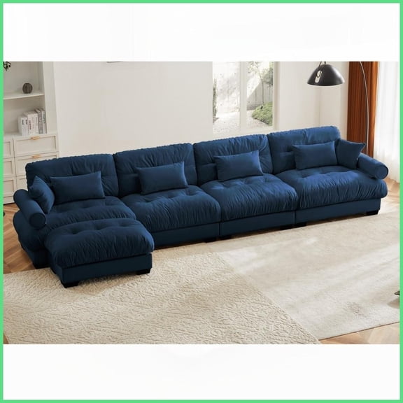Modern Velvet L-Shaped Sectional Sofa - 4 Seater Cloud Comfort Couch with Bolster Armrests for Living Room, Blue