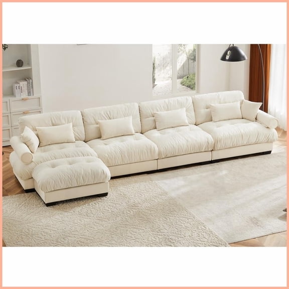 Modern Velvet L-Shaped Sectional Sofa: 4-Seater Cloud Couch with Bolster Armrests for Living Room, Cream