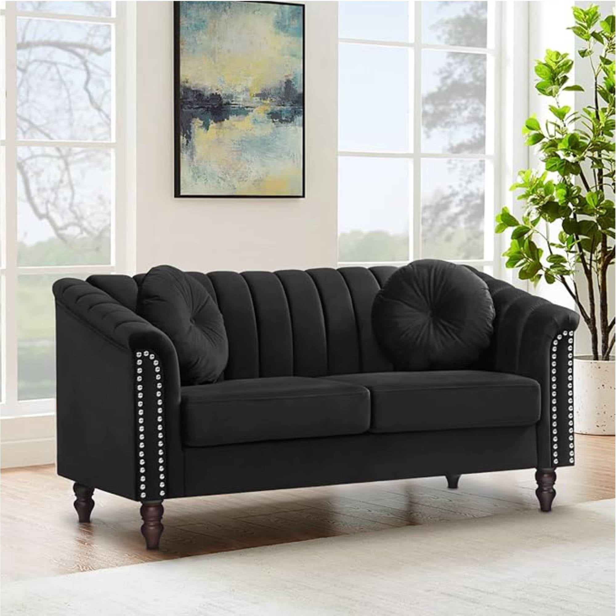 Modern Velvet Loveseat, 62 Inch 2 Seater Sofa with Nailhead Trim & Pillows Sofa Couch for Living Room, Small Spaces, Black