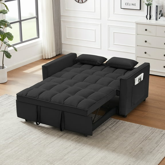 Modern Velvet Loveseat Futon Sofa with Pull-Out Bed, 3-in-1 Convertible Sleeper Couch with Reclining Backrest, Toss Pillows, Side Pockets, for Living Room, Apartment, Black