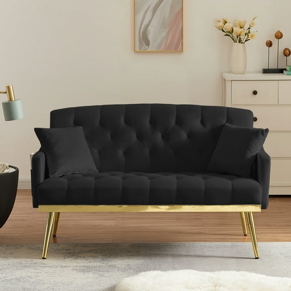 Modern Velvet Loveseat Sofa, 2-Seater Upholstered Couch with Tufted Back, Gold Metal Legs, and 2 Pillows for Living Room or BedroomBlack