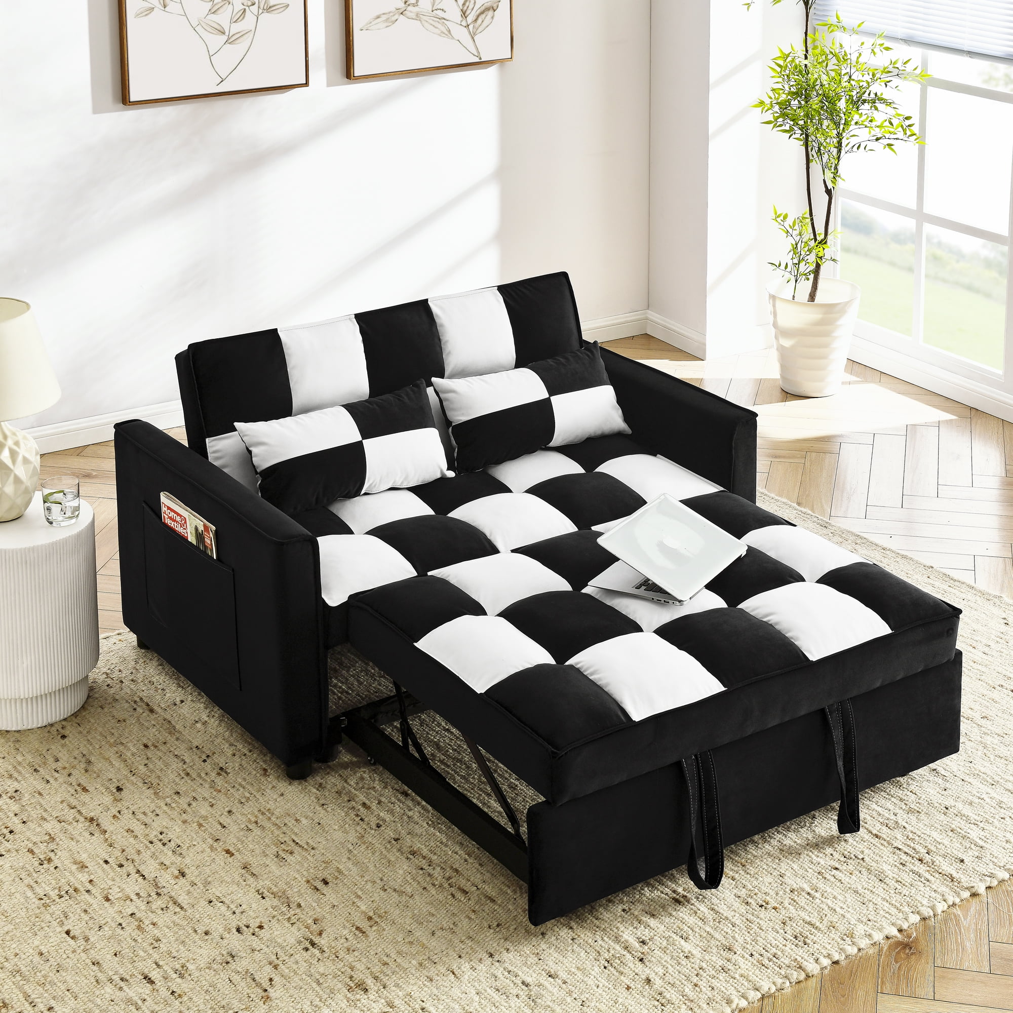 Modern Velvet Loveseat Sofa Couch Pull Out Bed,3 In One Convertible for ...