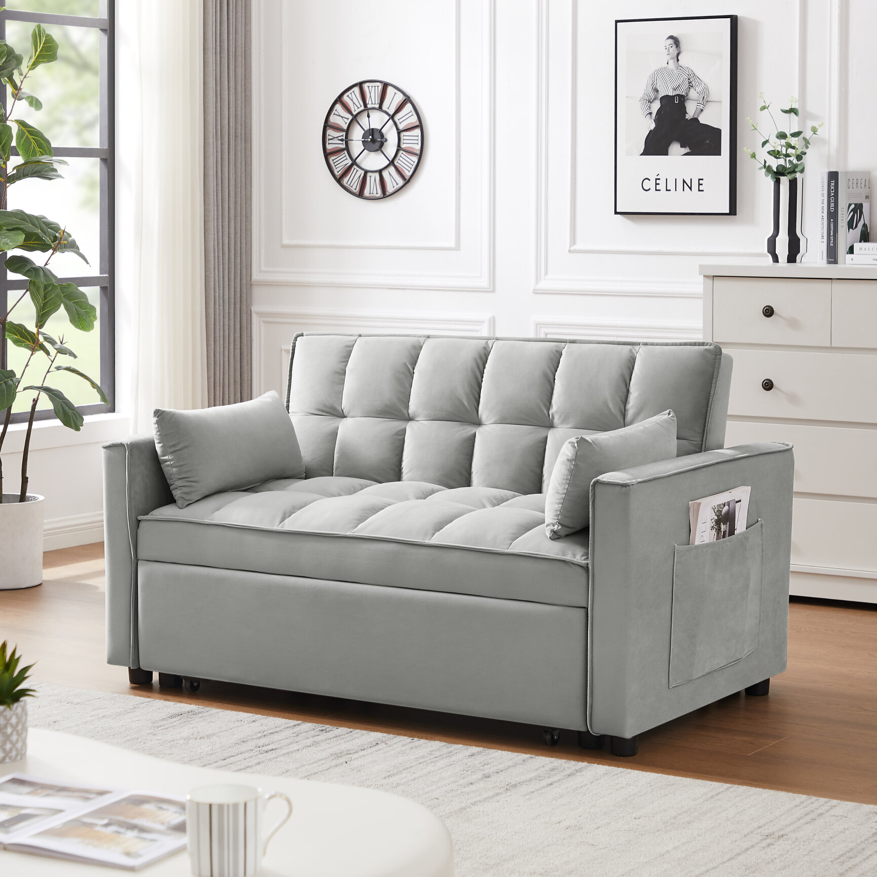 Modern Velvet Loveseat Sofa with Pull Out Bed and Reclining Backrest, 3 ...