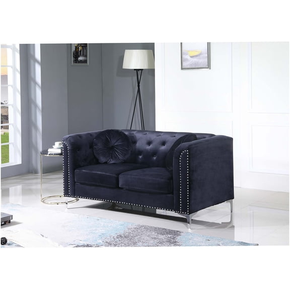 Modern Velvet Loveseat Sofa for Two, Small Space Contemporary Black Couch with Sloped Arms