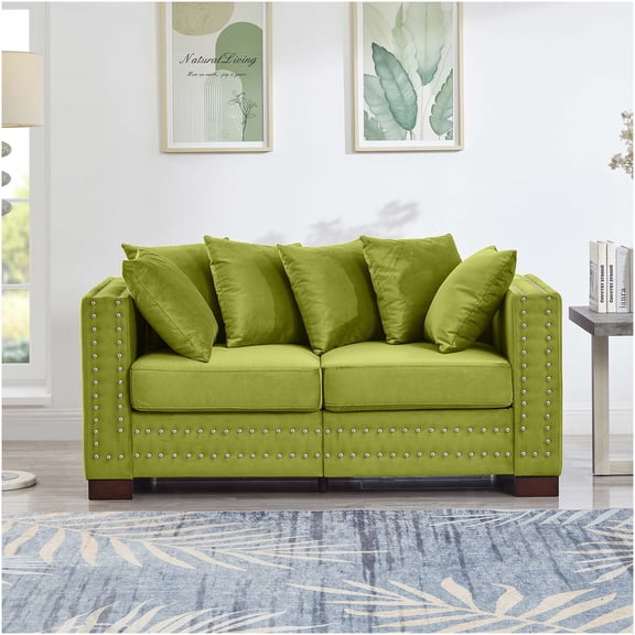 Modern Velvet Loveseat Sofa with Square Arms and Silver Nail Trim, Emerald Green for Living Room
