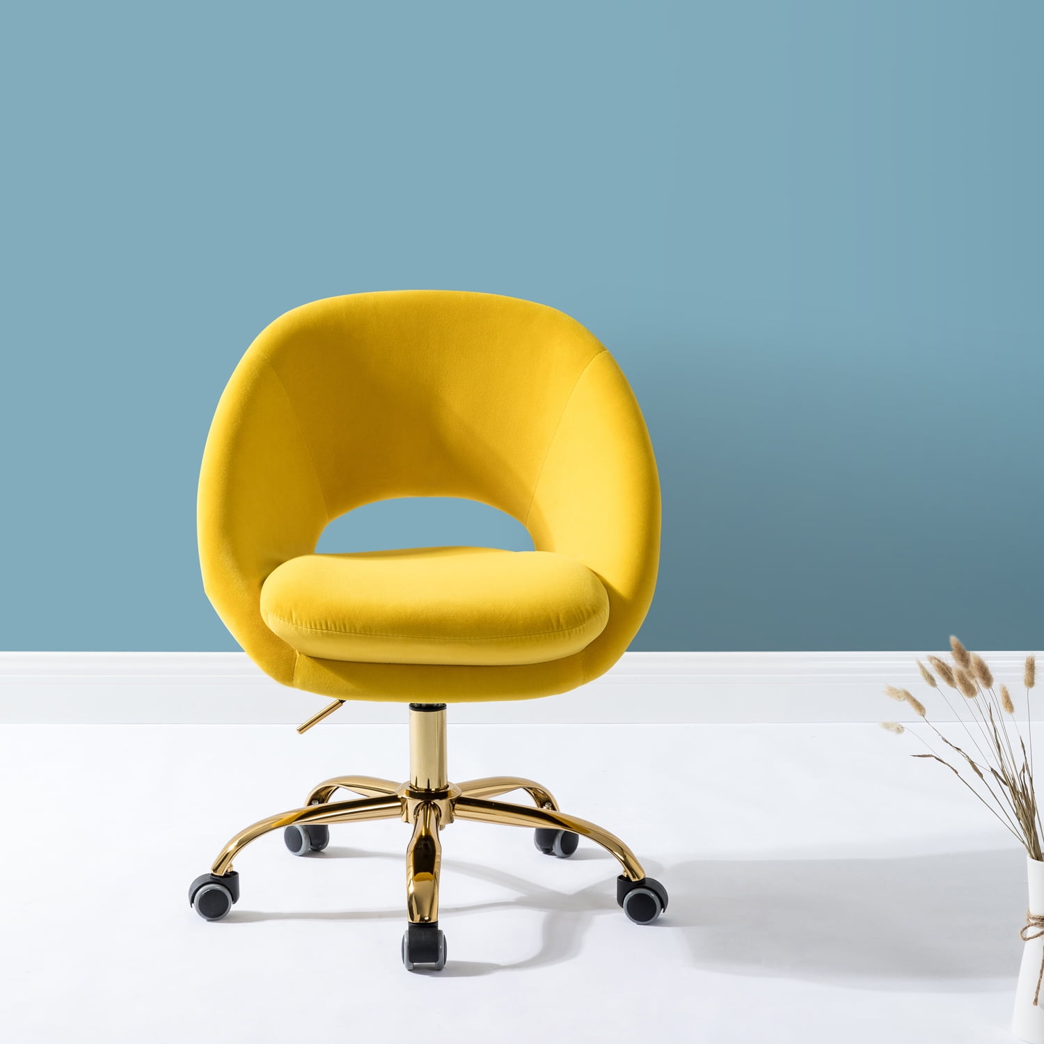 Chic Velvet Swivel Task Chair in Sunshine Yellow with Golden Metal Legs