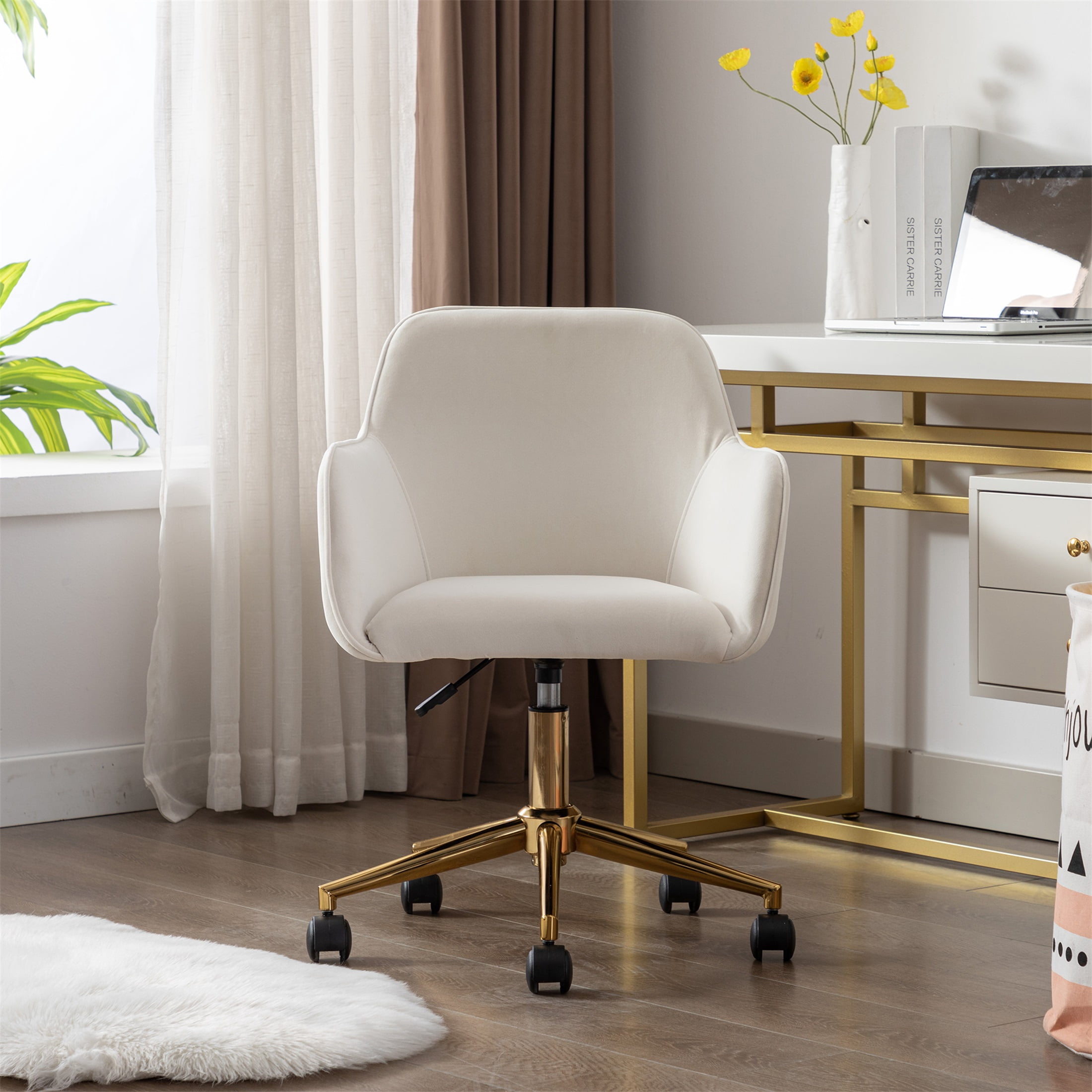 PORKISS Modern Velvet Office Chair with Wheels and Gold Metal Legs Height Adjustable 360° Swivel, Ivory White