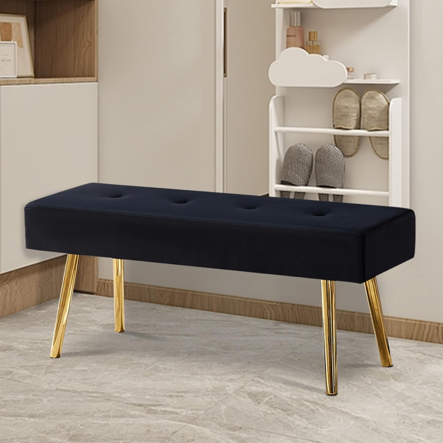 Modern Velvet Ottoman Bench, 40 Inch Upholstered Bench with Metal Legs ...