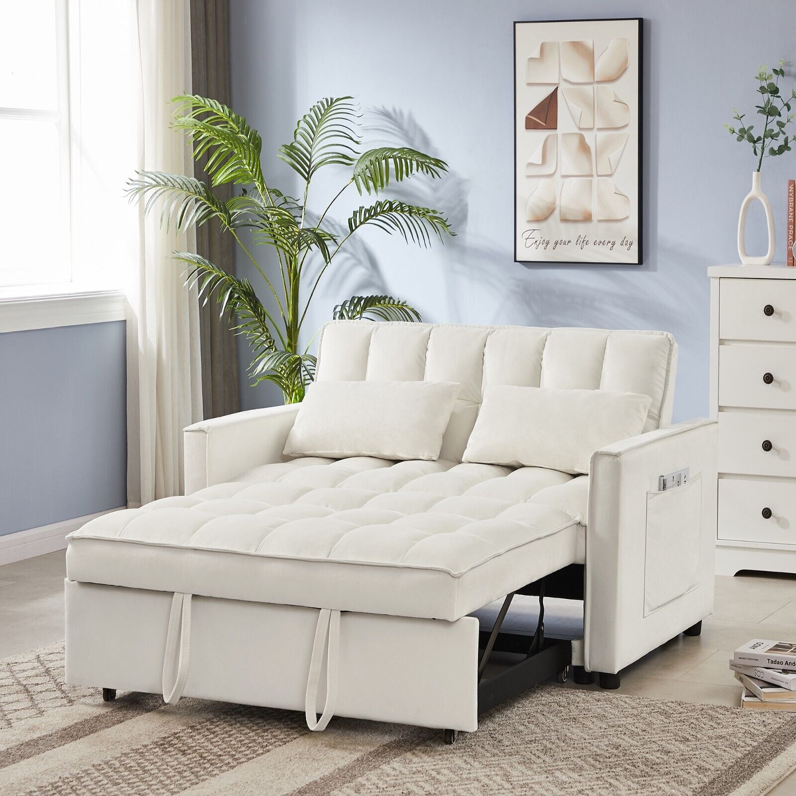 Off-White Velvet Tufted Sleeper Sofa with Solid Wood Frame