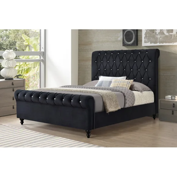 Modern Velvet Queen Size Platform Bed with Crystal Tufted Rolled Top Headboard, Stylish Legs, Black