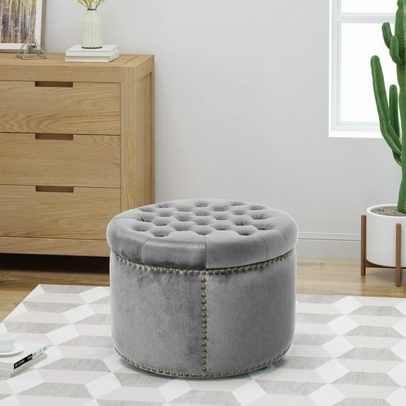 Modern Velvet Round Ottoman, Foot Rest, Round Pouf Ottoman, Cozy Room Decor Aesthetic, for Bedroom Living Room, Entryway, Grey