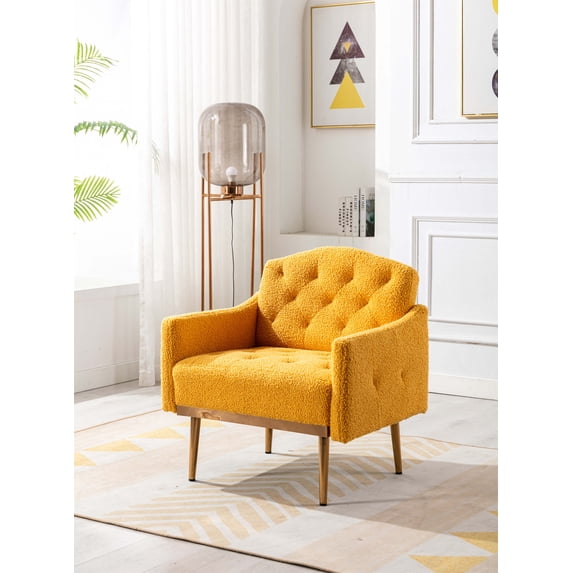 Modern Velvet Single Sofa Chair, Upholstered Accent Living Room Chair, Comfy Armchair with Rose Golden Metal Legs, Teddy Sofa Leisure Single Sofa with Padded Cushions, for Living Room Office, Mustard