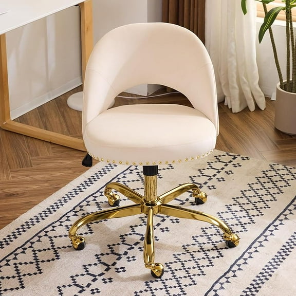 Modern Velvet Small Office Chair,Cute Desk Chair with Wheels,Gold Base/Studs, Comfy Armless Swivel Vanity Task Chair for Women/Girl/Kids, Nail Tech Chair for Bedroom,Small Space,White