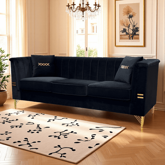 Modern Velvet Sofa 82.67" 3-Seater with Vertical Channel Tufted Backrest & Gold Metal Legs - Chesterfield Style Black Living Room Couch w/2 Throw Pillows & Robot Vacuum Friendly Legs