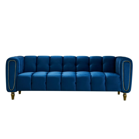 Modern Velvet Sofa, Button Tufted Chesterfield Sofa with Arms and Gold Metal Legs, 3-Seater Sofa Couch Upholstered Sofa for Living Room Bedroom Office Apartment, 83.07"×31.89"×27.95", Blue