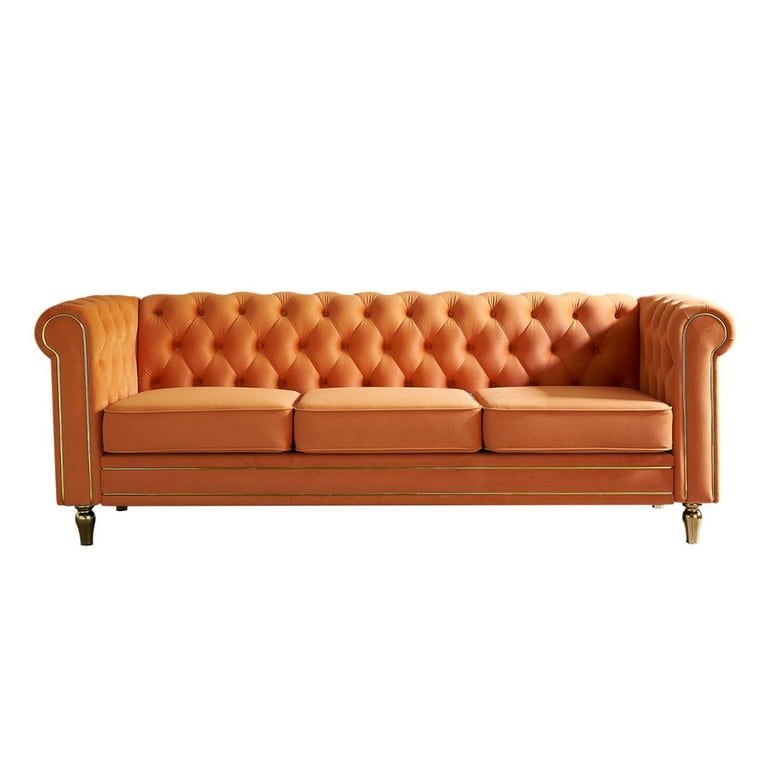 Triple Tree Modern Velvet Button Tufted Chesterfield Sofa Orange