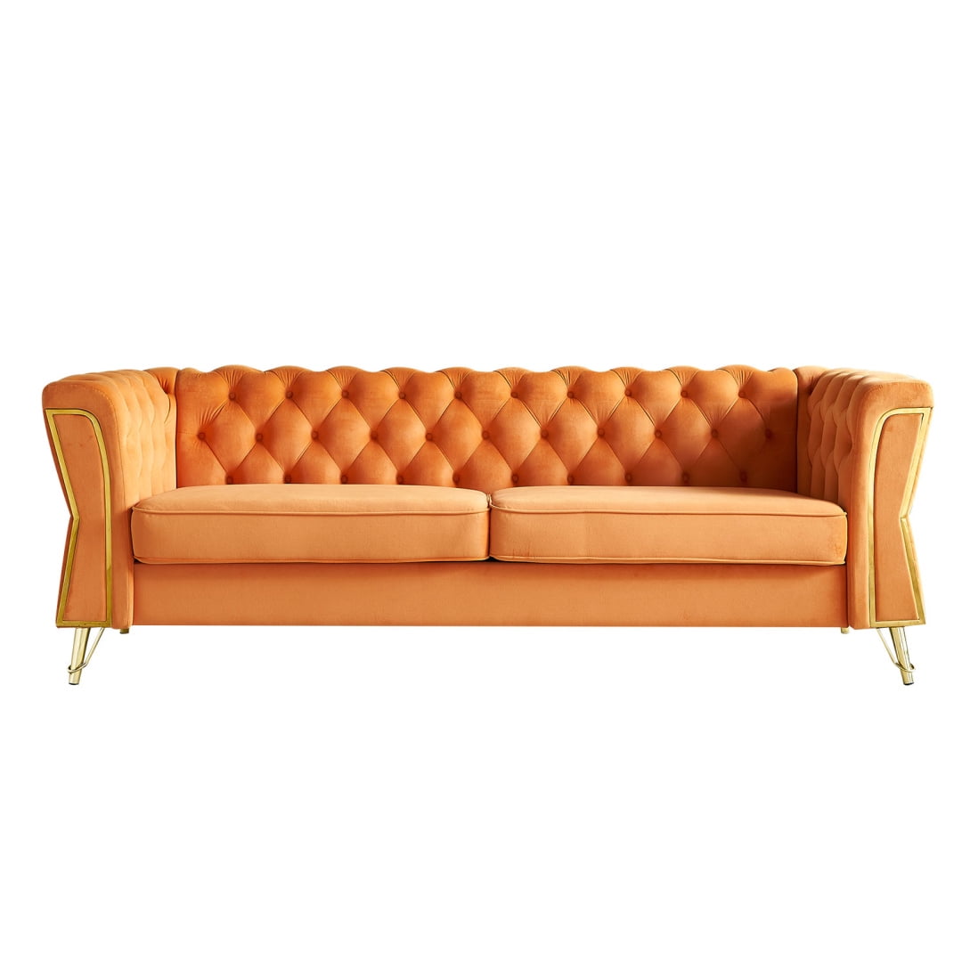 Modern Velvet Sofa, Button Tufted Chesterfield Sofa with Scroll Arms