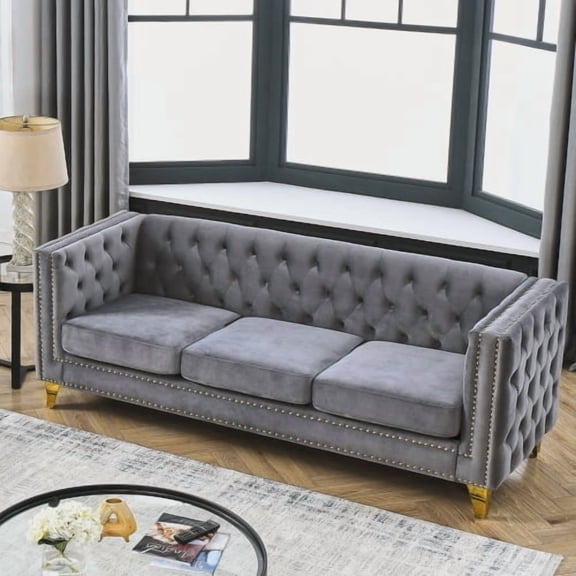Modern Velvet Sofa, Button Tufted Square Arm Couch with Nailhead Trim for Living Room Bedroom Office, Gray