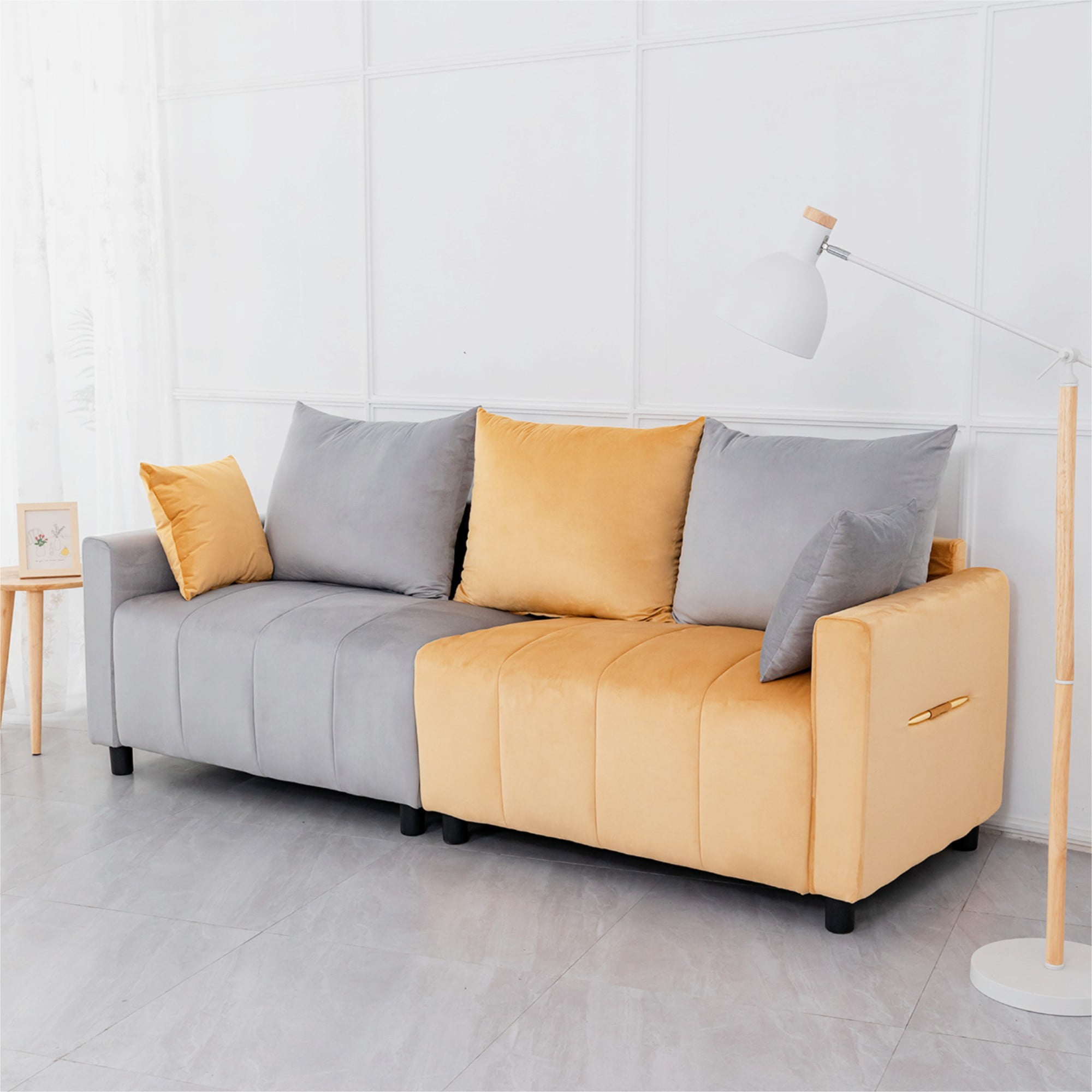 Modern Velvet Sofa Couch,3 Seater Sofa Couch with Cushion for Living Room,Light Grey & Yellow