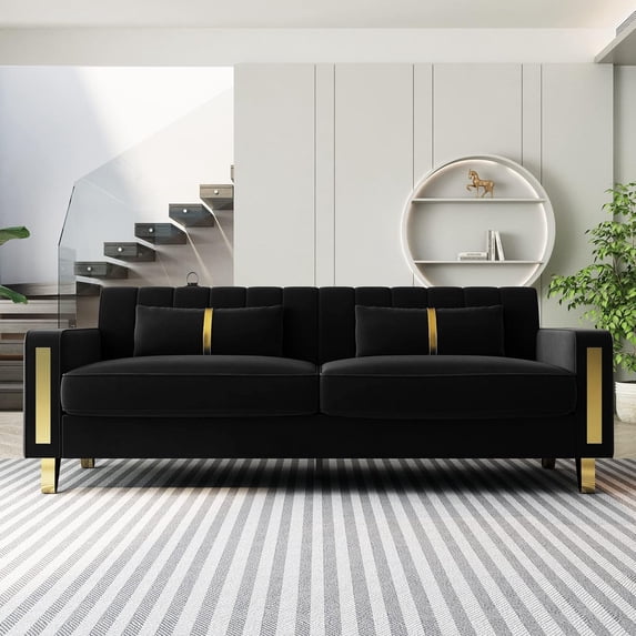 Modern Velvet Sofa Couch, 86" Large Loveseat Sectional Sofa Couch with Gold Legs for 3-4 Persons, Upholstered Deep Seat Love Seat Sofa Chaise for Living Room Office Apartment Black