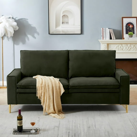 Modern Velvet Sofa Couch with Gold Metal Legs, Upholstered Double Sofa with Thick Back for Livingroom Bedroom Office, Easy to Assemble, Green