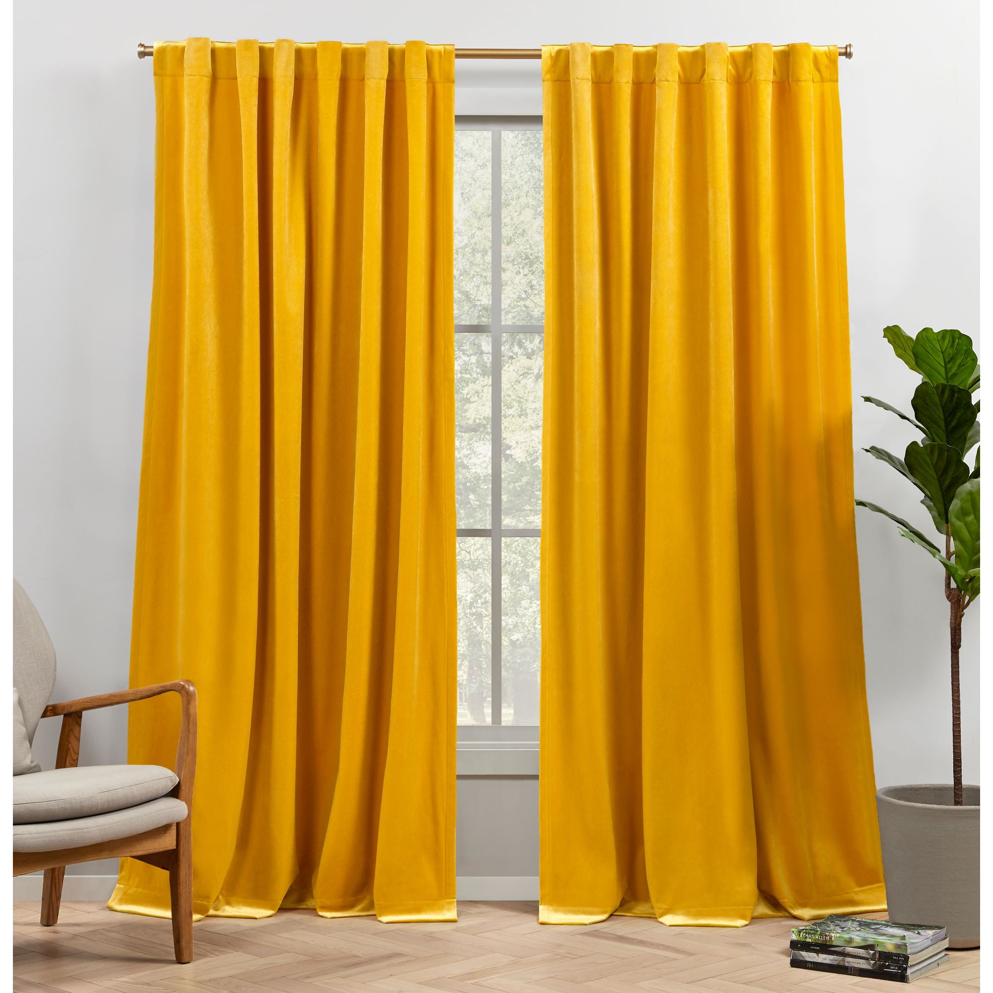 Modern Velvet Solid Light Filtering Window Curtain Panel Pair, Gold