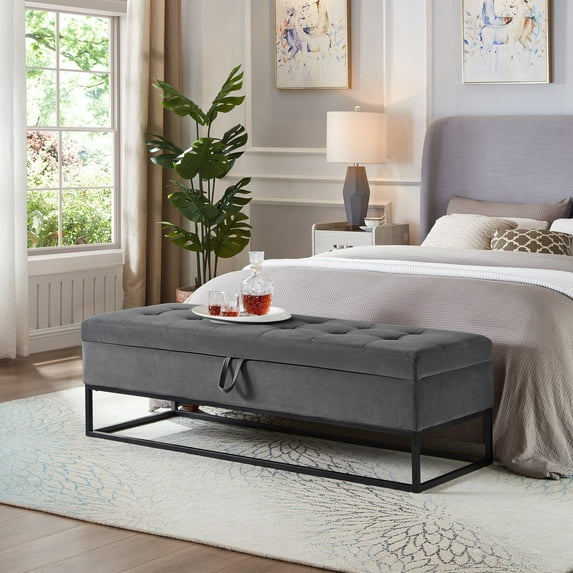 Modern Velvet Storage Ottoman Bench, End of Bed Bench with Metal Base, Button Tufted Upholstered Footstool for Entryway, Living Room, Bedroom, Grey