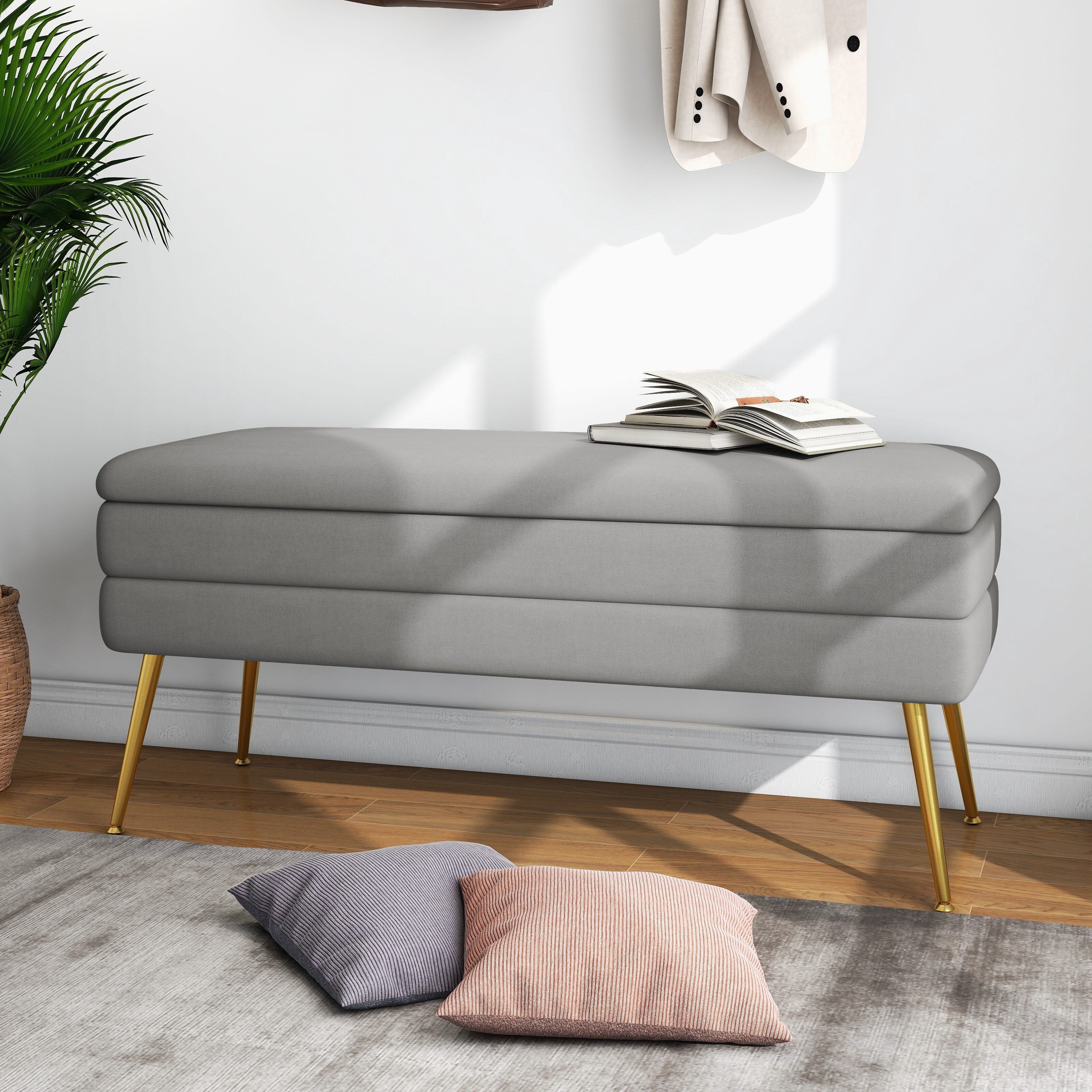 Modern Velvet Storage Ottoman Bench with Metal Legs Grey