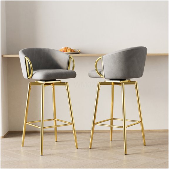 Modern Velvet Swivel Bar Chairs Set of 2, 30 Inch High Stools with 360 Rotation for Kitchen Island, Dining Table, Comfortable Upholstered Seat in Grey