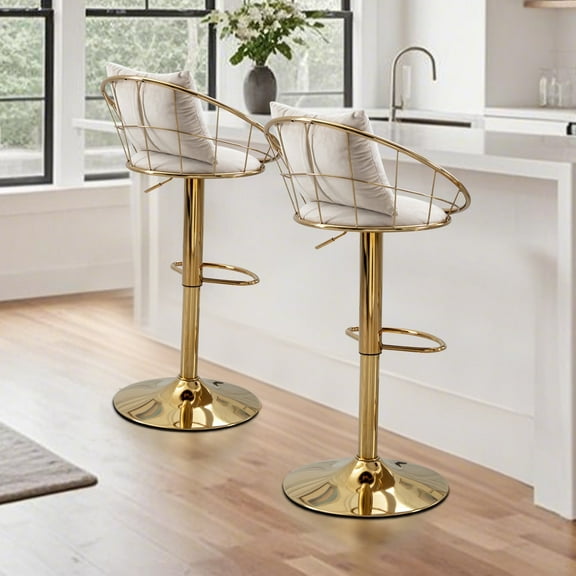 LEHZROAJ Velvet 360° Swivel Upholstered Bar Stools Set of 2,Adjustable Height Counter Stools Metal Frame Footrest(White)