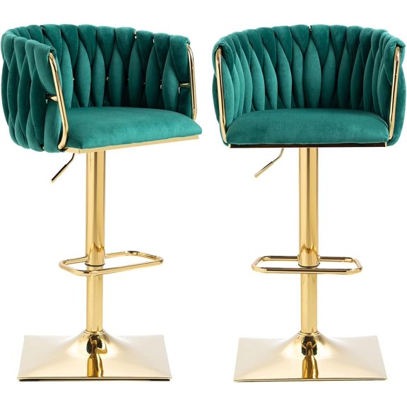 Modern Velvet Swivel Bar Stools Set of 2, Hand Woven Backrest, Comfy Adjustable Counter Height Barstools with Gold Square Base for Counter, Kitchen Island, Cafe, Pub (Set of 2, Emerald)
