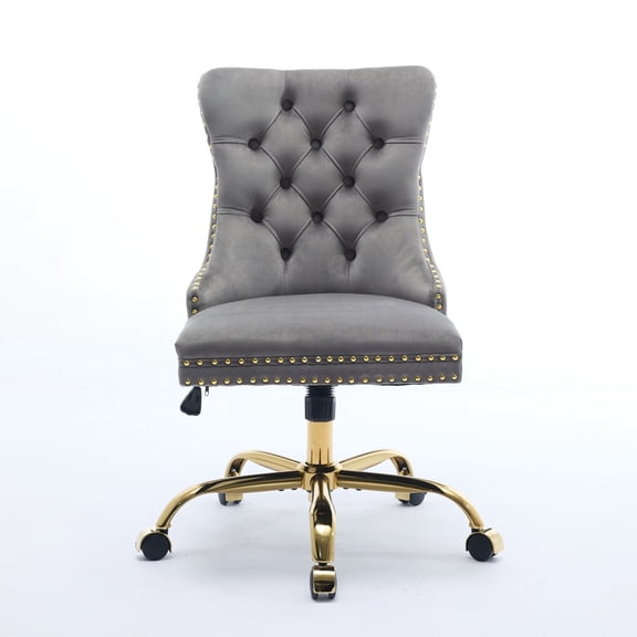 "Modern Velvet Tufted Button Office Chair with Gold Metal Base, Adjustable & Swivel - Customizable Gray"