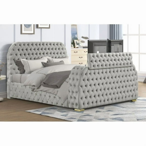Modern Velvet Tufted Eastern King Platform Bed with TV Lift and Electric Fireplace Footboard, Gray