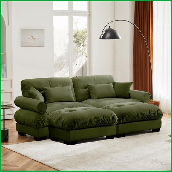 Modern Velvet Two-Seater Sofa with Ottoman - Olive Green, Round Bolster Armrests for Living & Reading Rooms
