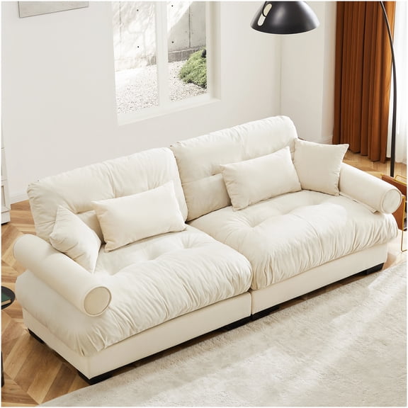 Modern Velvet Two-Seater Sofa with Pillows, Cream Upholstered Living Room Couch for Small Spaces, Lounge Chair with Armrests