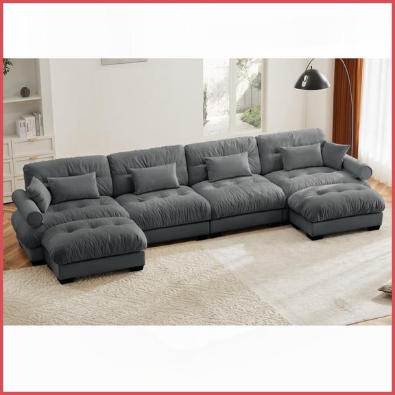 Modern Velvet U-Shaped Sectional Sofa - 4-Seater Cloud Comfort with Movable Ottomans & Pillows for Living Room