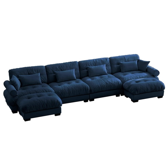 Modern Velvet U Shaped Sectional Sofa Cloud Couch with Movable Ottomans, Blue
