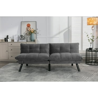 Modern Velvet Upholstered 2 Seater Futon Sofa Bed with Adjustable Arms and Back, Convertible Wooden Loveseat Sofa Bed with Metal Legs, Daybed for Living Room, Office, Studio, Small Space, Light Grey