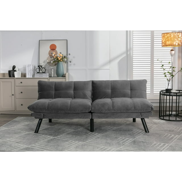 Modern Velvet Upholstered 2 Seater Futon Sofa Bed with Adjustable Arms and Back, Convertible