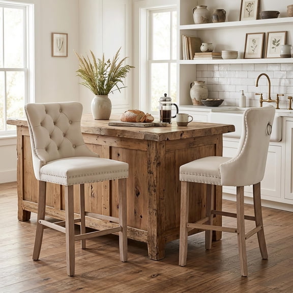 Modern Velvet Upholstered Bar Stools Set Of 2 Button Tufted Counter Height Barstools Wood Legs Armless Chairs With Chrome Nailhead Trim Footrest For Kitchen Island Dining Room Beige