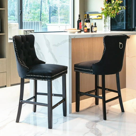Modern Velvet Upholstered Barstools Bar Chairs, Set of 2, Black