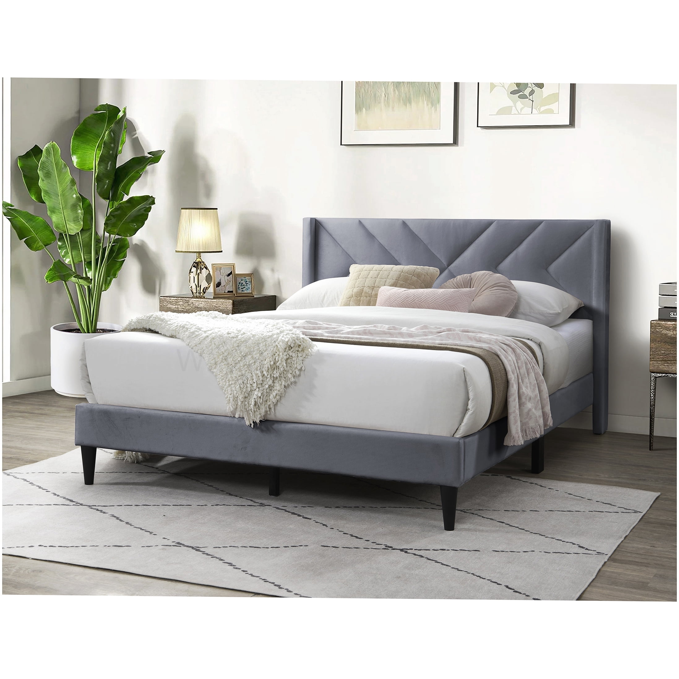 Modern Velvet Upholstered Bed Frame, Queen Platform Bed with Geometric Headboard, Grey Fabric Frame, No Box Spring Needed with Storage Space