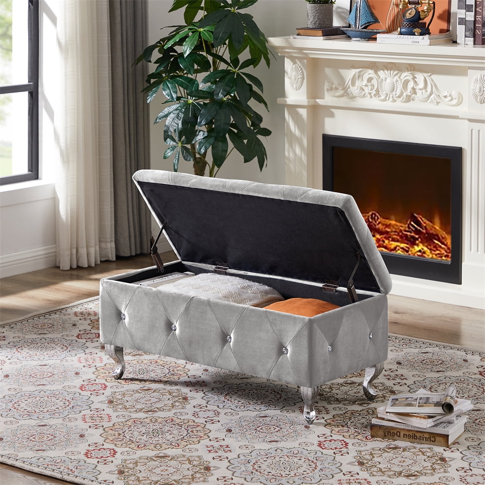 Picture of Modern Velvet Upholstered Bench, Ottoman Storage Bench with Button ...