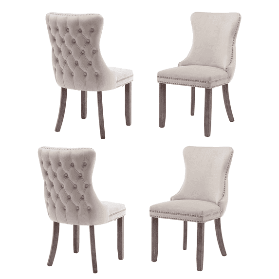 Modern Velvet Upholstered Dining Chairs with Back Button Nailhead Trim Accent Side Chairs with Wood Legs for Kitchen Dining Room(Beige,Set of 4)