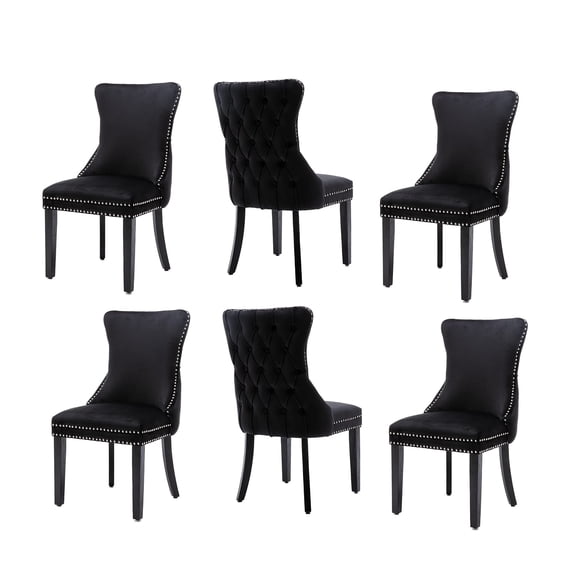 Modern Velvet Upholstered Dining Chairs with Back Button Nailhead Trim Accent Side Chairs with Wood Legs for Kitchen Dining Room(Black,Set of 6)