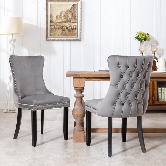 Modern Velvet Upholstered Dining Chairs with Back Button Nailhead Trim ...