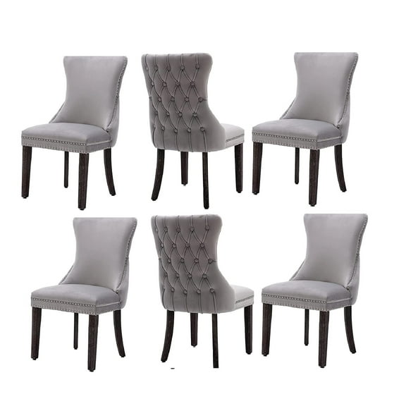 Modern Velvet Upholstered Dining Chairs with Back Button Nailhead Trim Accent Side Chairs with Wood Legs for Kitchen Dining Room(Gray,Set of 6)