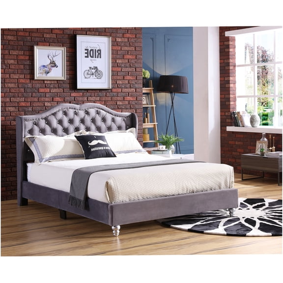 Modern Velvet Upholstered Full Bed Frame with Storage Platform, Gray Bedroom Furniture, Easy Assembly, Foam Padded Headboard